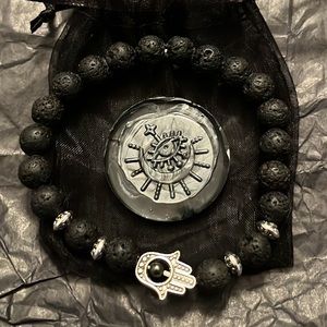 NWT Beaded Hamsa Bracelet Natural Lava Stone Evil Eye Kabbalah Bracelet